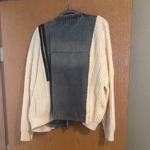 Denim and Knit Cardigan with Zipper Detail - Picture 2 of 2
